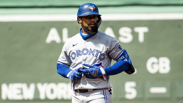 BOSTON, MA - AUGUST 9: Teoscar Hernandez #37 of the Toronto Blue Jays reacts after hitting a double during the fourth inning of a game against the Boston Red Sox on August 9, 2020 at Fenway Park in Boston, Massachusetts. The 2020 season had been postponed since March due to the COVID-19 pandemic.