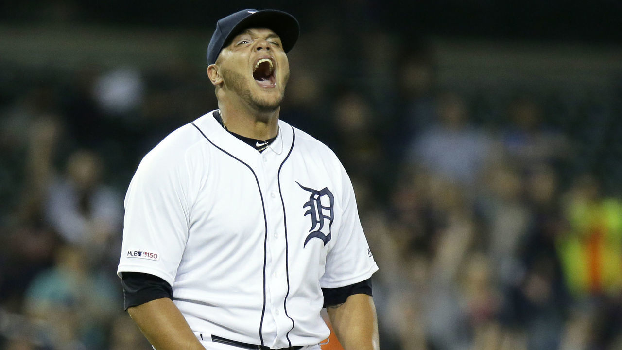 DETROIT, MI - AUGUST 31: Closer Joe Jimenez #77 of the Detroit Tigers reacts after striking out Miguel Sano of the Minnesota Twins to end the game at Comerica Park on August 31, 2019 in Detroit, Michigan. The Tigers defeated the Twins 10-7.