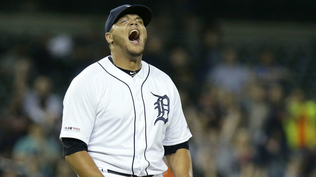 DETROIT, MI - AUGUST 31: Closer Joe Jimenez #77 of the Detroit Tigers reacts after striking out Miguel Sano of the Minnesota Twins to end the game at Comerica Park on August 31, 2019 in Detroit, Michigan. The Tigers defeated the Twins 10-7.