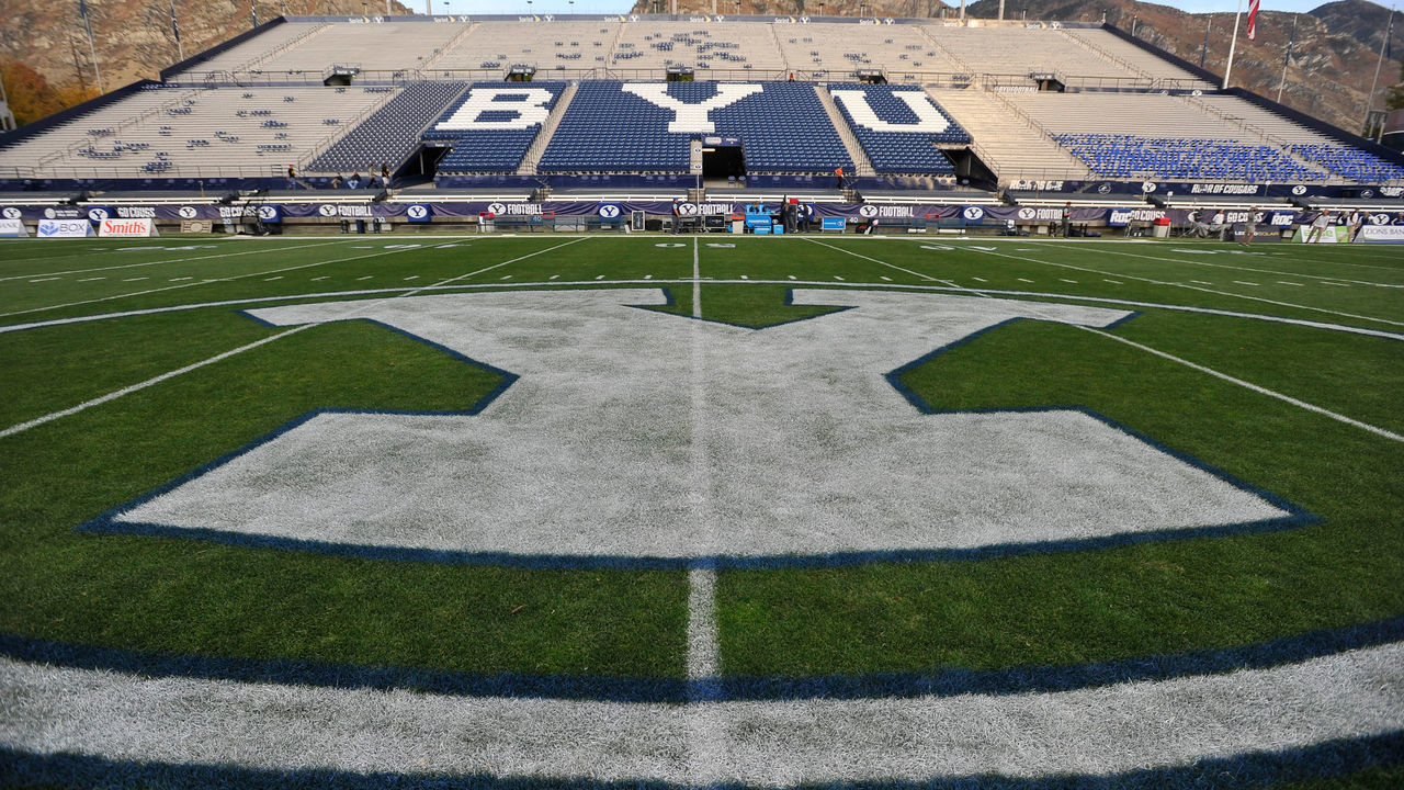 PROVO, UT - OCTOBER 14: General view of LaVell Edwards Stadium and the field logo before the game between the Mississippi State Bulldogs and the Brigham Young Cougars on October 14, 2016 in Provo Utah.