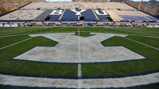 PROVO, UT - OCTOBER 14: General view of LaVell Edwards Stadium and the field logo before the game between the Mississippi State Bulldogs and the Brigham Young Cougars on October 14, 2016 in Provo Utah.