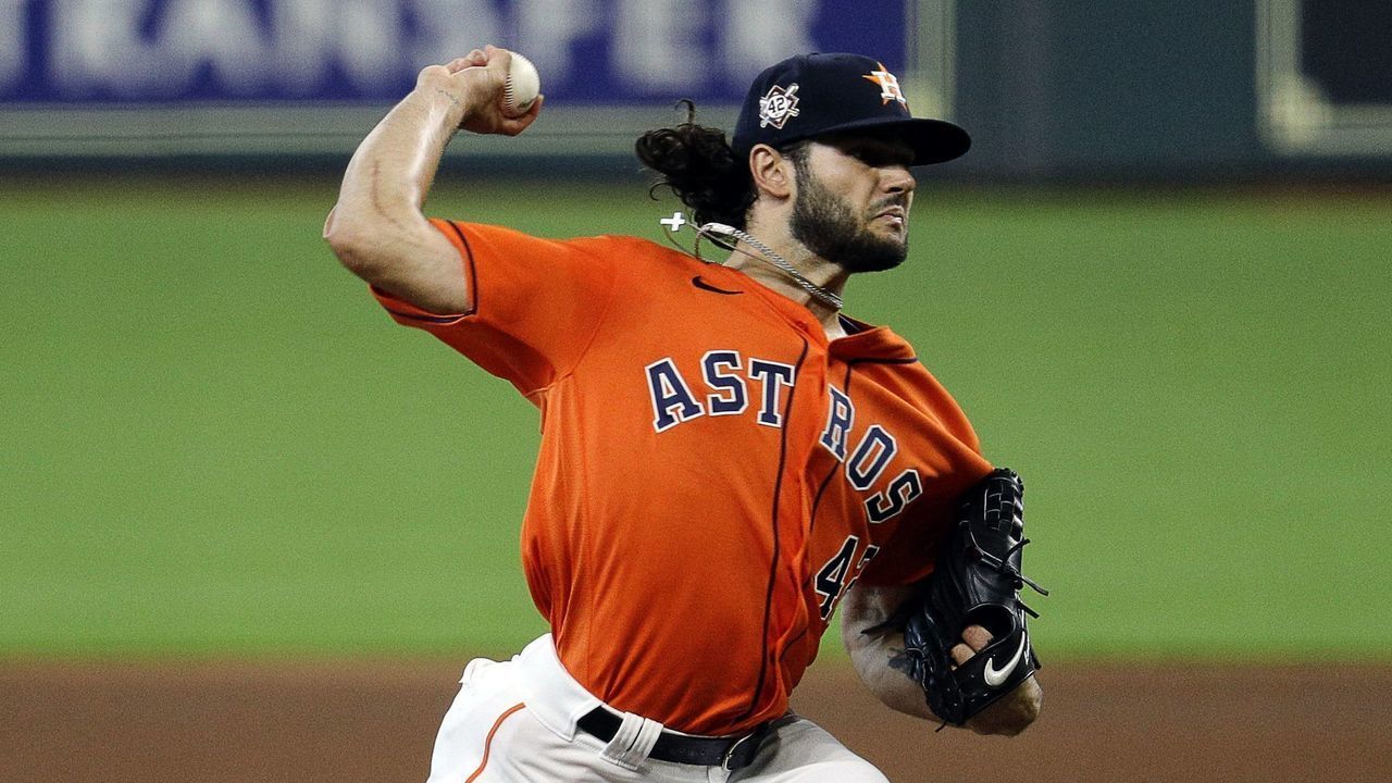 HOUSTON, TEXAS - AUGUST 29: Lance McCullers Jr. #42 of the Houston Astros pitches in the first inning against the Oakland Athletics during game one of a doubleheader at Minute Maid Park on August 29, 2020 in Houston, Texas. All players are wearing #42 in honor of Jackie Robinson Day. The day honoring Jackie Robinson, traditionally held on April 15, was rescheduled due to the COVID-19 pandemic.