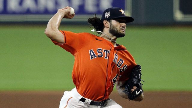 HOUSTON, TEXAS - AUGUST 29: Lance McCullers Jr. #42 of the Houston Astros pitches in the first inning against the Oakland Athletics during game one of a doubleheader at Minute Maid Park on August 29, 2020 in Houston, Texas. All players are wearing #42 in honor of Jackie Robinson Day. The day honoring Jackie Robinson, traditionally held on April 15, was rescheduled due to the COVID-19 pandemic.