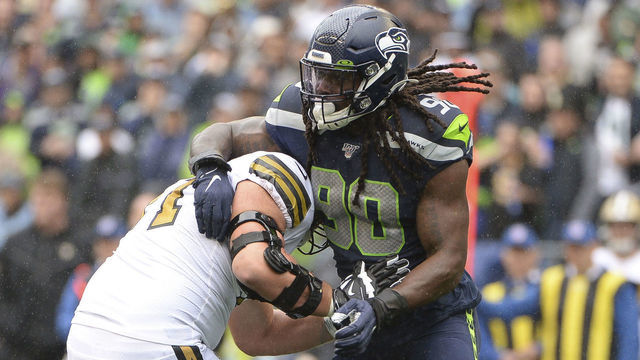 SEATTLE, WA - SEPTEMBER 22: New Orleans Saints offensive tackle Ryan Ramczyk (71) blocks Seattle Seahawks defensive end Jadeveon Clowney (90) during an NFL football game between the New Orleans Saints and the Seattle Seahawks on September 22, 2019, at Century Link Stadium in Seattle, WA.