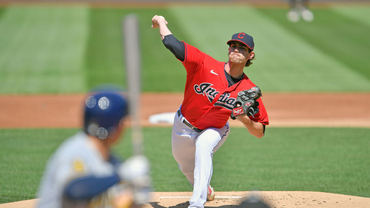 CLEVELAND, OHIO - SEPTEMBER 06: Starting pitcher Shane Bieber #57 of the Cleveland Indians pitches to Keston Hiura #18 of the Milwaukee Brewers during the first inning at Progressive Field on September 06, 2020 in Cleveland, Ohio.