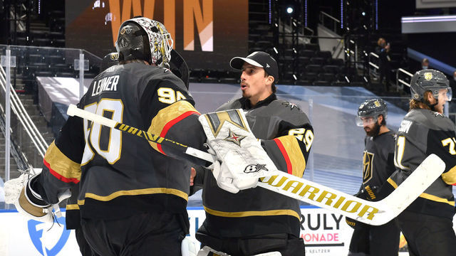 EDMONTON, ALBERTA - SEPTEMBER 04: Goaltender Marc-Andre Fleury #29 of the Vegas Golden Knights congratulates goaltender Robin Lehner #90 after he shut out the Vancouver Canucks 3-0 to win the game and the series 4-3 after Game Seven of the Western Conference Second Round of the 2020 NHL Stanley Cup Playoffs at Rogers Place on September 04, 2020 in Edmonton, Alberta.