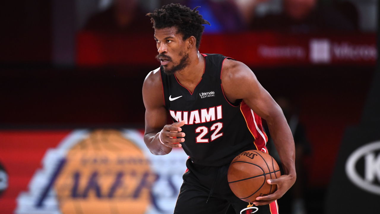 ORLANDO, FL - SEPTEMBER 6: Jimmy Butler #22 of the Miami Heat handles the ball during the game against the Milwaukee Bucks during Game Four of the Eastern Conference Semifinals of the NBA Playoffs on September 6, 2020 at The AdventHealth Arena at ESPN Wide World Of Sports Complex in Orlando, Florida. NOTE TO USER: User expressly acknowledges and agrees that, by downloading and/or using this Photograph, user is consenting to the terms and conditions of the Getty Images License Agreement. Mandatory Copyright Notice: Copyright 2020 NBAE