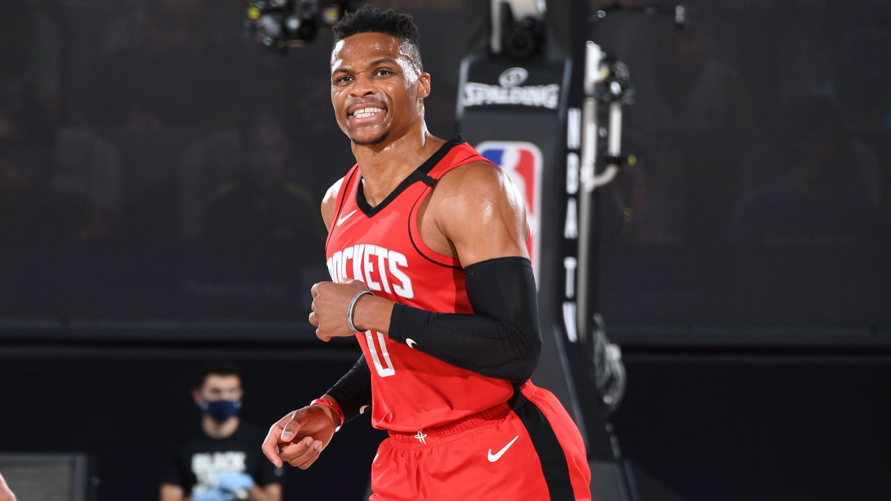Orlando, FL - SEPTEMBER 6: Russell Westbrook #0 of the Houston Rockets looks on during the game against the Los Angeles Lakers during Game Two of the Western Conference Semifinals on September 6, 2020 in Orlando, Florida at The AdventHealth Arena. NOTE TO USER: User expressly acknowledges and agrees that, by downloading and/or using this Photograph, user is consenting to the terms and conditions of the Getty Images License Agreement. Mandatory Copyright Notice: Copyright 2020 NBAE