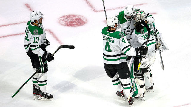 EDMONTON, ALBERTA - SEPTEMBER 06: Anton Khudobin #35 and the Dallas Stars celebrate their 1-0 shutout victory against the Vegas Golden Knights in Game One of the Western Conference Final during the 2020 NHL Stanley Cup Playoffs at Rogers Place on September 06, 2020 in Edmonton, Alberta, Canada.