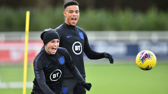 BURTON-UPON-TRENT, ENGLAND - NOVEMBER 11: Phil Foden and Mason Greenwood of England U21s takes part in a training session at St Georges Park on November 11, 2019 in Burton-upon-Trent, England.