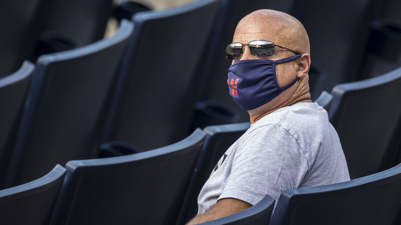 WASHINGTON, DC - JULY 21: General Manager and President of Baseball Operations Mike Rizzo of the Washington Nationals looks on from the stands before the game against the Baltimore Orioles at Nationals Park on July 21, 2020 in Washington, DC.