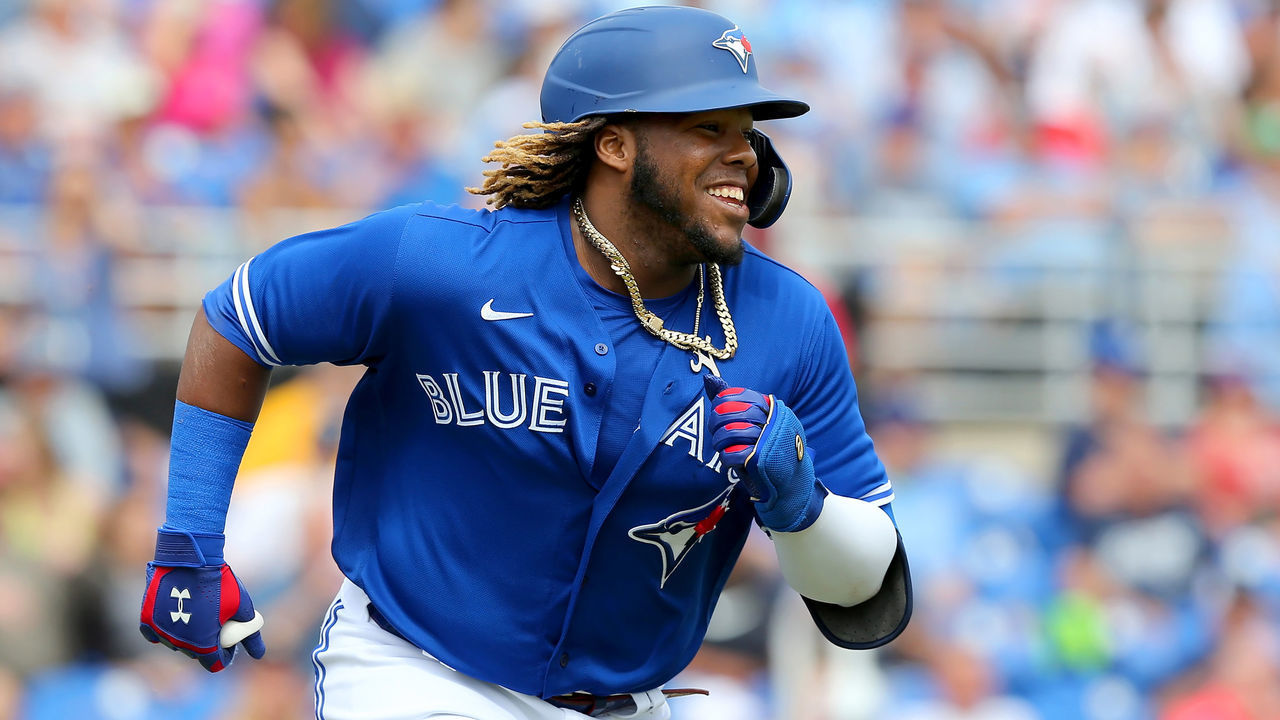 DUNEDIN, FL - FEBRUARY 25: Vladimir Guerrero Jr. (27) of the Blue Jays smiles as he hustles down to first base during the spring training game between the New York Yankees and the Toronto Blue Jays on February 25, 2020, at the Dunedin Stadium in Dunedin, FL.
