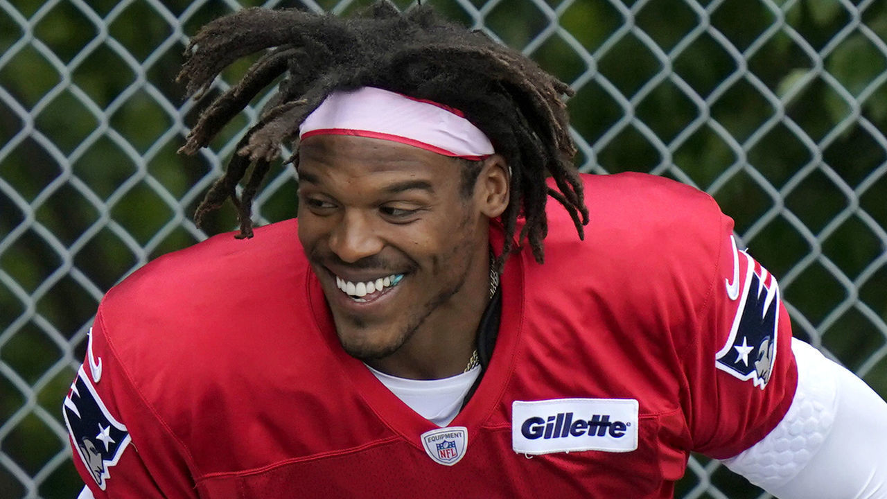 FOXBOROUGH, MASSACHUSETTS - AUGUST 27: Cam Newton #1 of the New England Patriots reacts during training camp at Gillette Stadium on August 27, 2020 in Foxborough, Massachusetts.