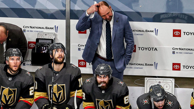 EDMONTON, ALBERTA - SEPTEMBER 06: Head coach Peter DeBoer of the Vegas Golden Knights reacts against the Dallas Stars during the second period in Game One of the Western Conference Final during the 2020 NHL Stanley Cup Playoffs at Rogers Place on September 06, 2020 in Edmonton, Alberta, Canada.