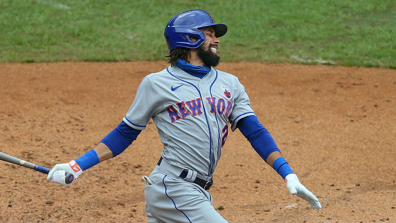 PHILADELPHIA, PA - AUGUST 16: Billy Hamilton #21 of the New York Mets in action against the Philadelphia Phillies during an MLB baseball game at Citizens Bank Park on August 16, 2020 in Philadelphia, Pennsylvania.