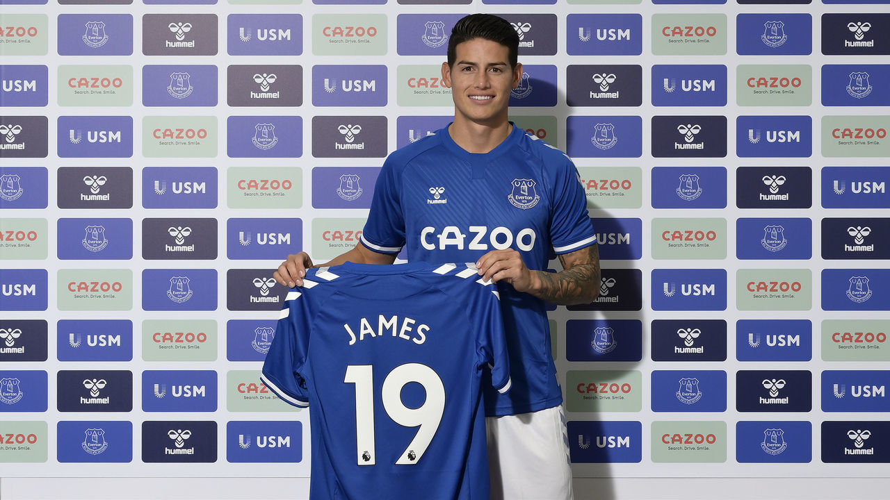HALEWOOD, ENGLAND - SEPTEMBER 7 (EXCLUSIVE COVERAGE) James Rodriguez poses for a photograph after signing for Everton at USM Finch Farm on September 7 2020 in Halewood, England.