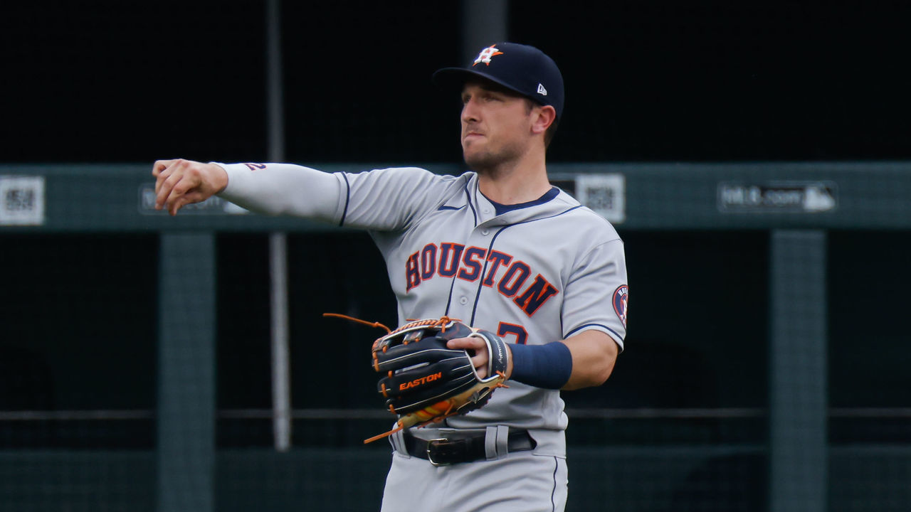 DENVER, CO - AUGUST 19: Alex Bregman #2 of the Houston Astros warms up during the first inning against the Colorado Rockies at Coors Field on August 19, 2020 in Denver, Colorado.