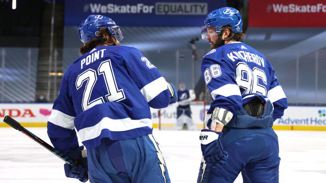 EDMONTON, ALBERTA - SEPTEMBER 07: Nikita Kucherov #86 of the Tampa Bay Lightning celebrates with Brayden Point #21 after Kucherov scored in the third period of Game One of the Eastern Conference Final of the 2020 NHL Stanley Cup Playoffs between the New York Islanders and the Tampa Bay Lightning at Rogers Place on September 07, 2020 in Edmonton, Alberta.