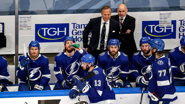 EDMONTON, ALBERTA - SEPTEMBER 07: Head coach Jon Cooper of the Tampa Bay Lightning questions the call by the referees against the New York Islanders during the third period in Game One of the Eastern Conference Final during the 2020 NHL Stanley Cup Playoffs at Rogers Place on September 07, 2020 in Edmonton, Alberta, Canada.