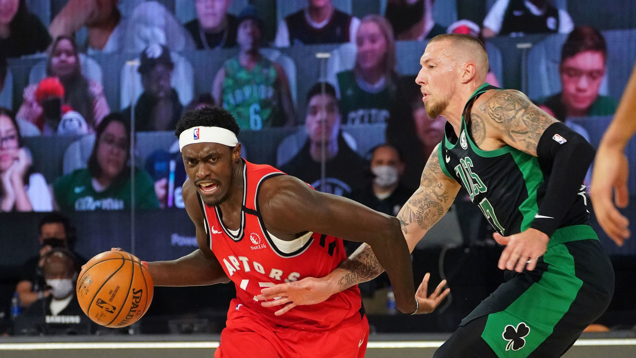 ORLANDO, FL - SEPTEMBER 7: Pascal Siakam #43 of the Toronto Raptors handles the ball against the Boston Celtics during Game Three of the Eastern Conference Semifinals of the NBA Playoffs on September 7, 2020 at the The Field House at ESPN Wide World Of Sports Complex in Orlando, Florida. NOTE TO USER: User expressly acknowledges and agrees that, by downloading and/or using this Photograph, user is consenting to the terms and conditions of the Getty Images License Agreement. Mandatory Copyright Notice: Copyright 2020 NBAE