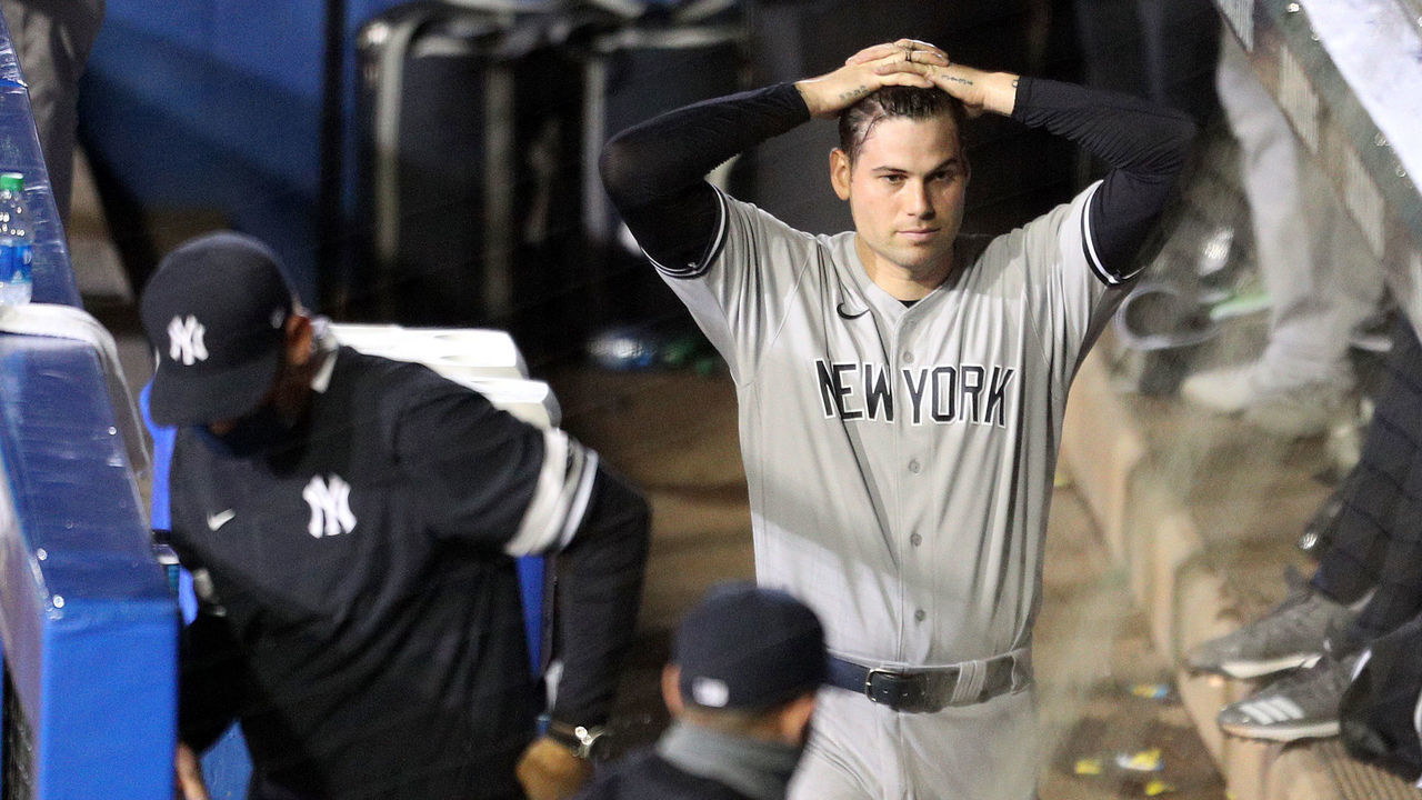 BUFFALO, NEW YORK - SEPTEMBER 07: Adam Ottavino #0 of the New York Yankees reacts after giving up six runs, including a grand slam to Danny Jansen #9 of the Toronto Blue Jays, during the sixth inning at Sahlen Field on September 07, 2020 in Buffalo, New York. The Blue Jays are the home team and are playing their home games in Buffalo due to the Canadian government’s policy on coronavirus (COVID-19).