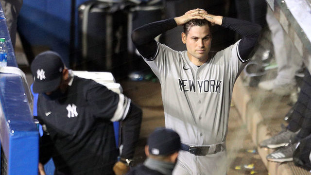 BUFFALO, NEW YORK - SEPTEMBER 07: Adam Ottavino #0 of the New York Yankees reacts after giving up six runs, including a grand slam to Danny Jansen #9 of the Toronto Blue Jays, during the sixth inning at Sahlen Field on September 07, 2020 in Buffalo, New York. The Blue Jays are the home team and are playing their home games in Buffalo due to the Canadian government’s policy on coronavirus (COVID-19).