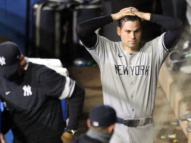 BUFFALO, NEW YORK - SEPTEMBER 07: Adam Ottavino #0 of the New York Yankees reacts after giving up six runs, including a grand slam to Danny Jansen #9 of the Toronto Blue Jays, during the sixth inning at Sahlen Field on September 07, 2020 in Buffalo, New York. The Blue Jays are the home team and are playing their home games in Buffalo due to the Canadian government’s policy on coronavirus (COVID-19).
