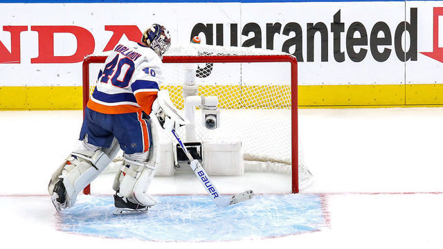 EDMONTON, ALBERTA - SEPTEMBER 07: Semyon Varlamov #40 of the New York Islanders reacts after allowing a goal to Nikita Kucherov (not pictured) of the Tampa Bay Lightning during the third period in Game One of the Eastern Conference Final during the 2020 NHL Stanley Cup Playoffs at Rogers Place on September 07, 2020 in Edmonton, Alberta, Canada.