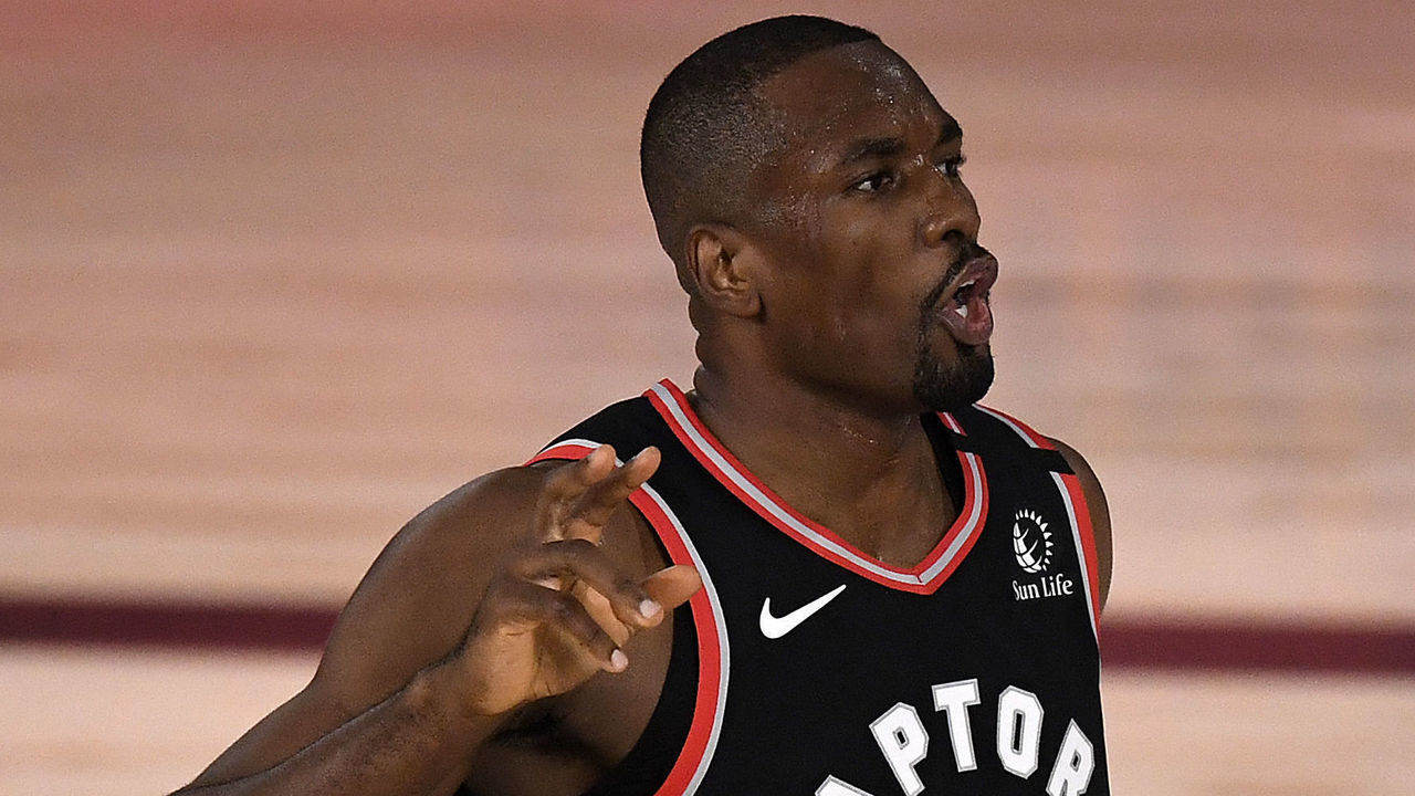 LAKE BUENA VISTA, FLORIDA - SEPTEMBER 05: Serge Ibaka #9 of the Toronto Raptors reacts during the second quarter against the Boston Celtics in Game Four of the Eastern Conference Second Round during the 2020 NBA Playoffs at the Field House at the ESPN Wide World Of Sports Complex on September 05, 2020 in Lake Buena Vista, Florida.