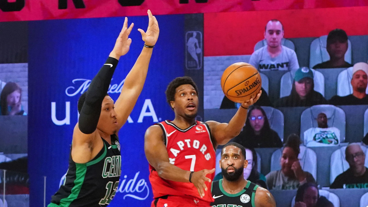 ORLANDO, FL - SEPTEMBER 7: Kyle Lowry #7 of the Toronto Raptors shoots the ball against the Boston Celtics during Game Three of the Eastern Conference Semifinals of the NBA Playoffs on September 7, 2020 at the The Field House at ESPN Wide World Of Sports Complex in Orlando, Florida. NOTE TO USER: User expressly acknowledges and agrees that, by downloading and/or using this Photograph, user is consenting to the terms and conditions of the Getty Images License Agreement. Mandatory Copyright Notice: Copyright 2020 NBAE