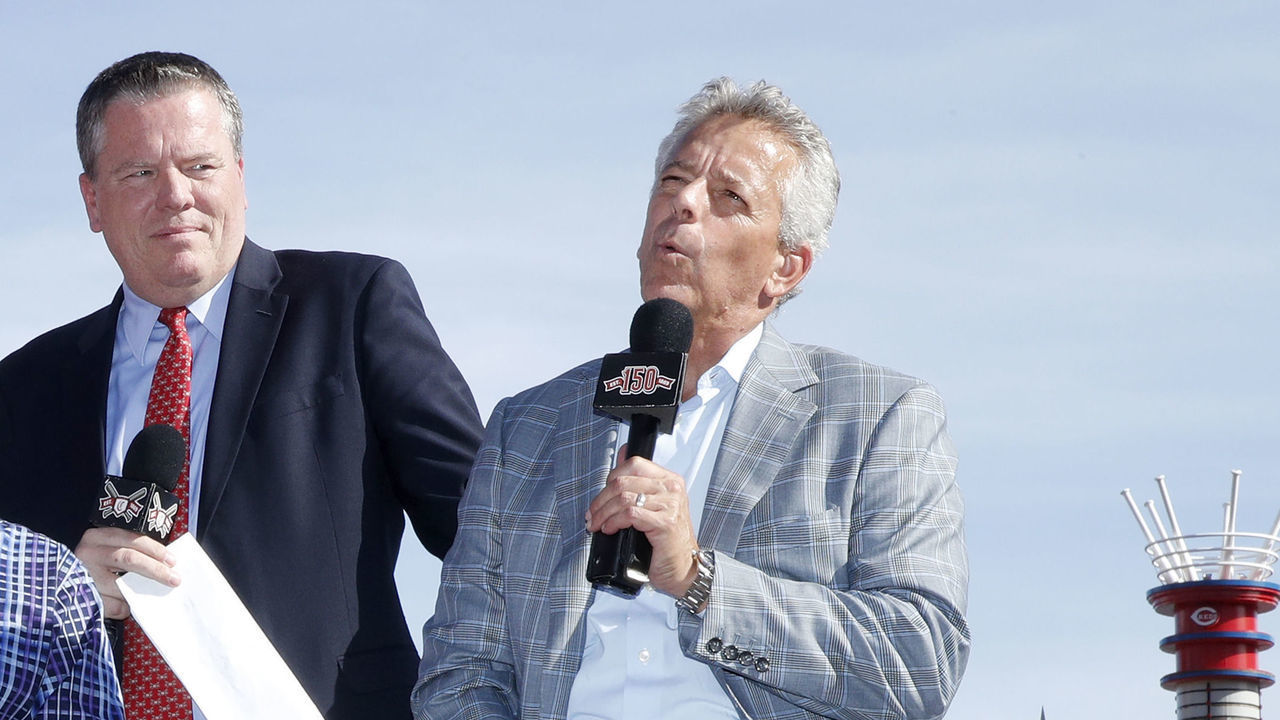 CINCINNATI, OH - SEPTEMBER 26: Cincinnati Reds broadcaster Marty Brennaman attends a postgame ceremony with son Thom Brennaman, right, broadcast partner Jeff Brantley, left, emcee Jim Day after calling his final game in the booth against the Milwaukee Brewers at Great American Ball Park on September 26, 2019 in Cincinnati, Ohio. The Brewers defeated the Reds 5-3.