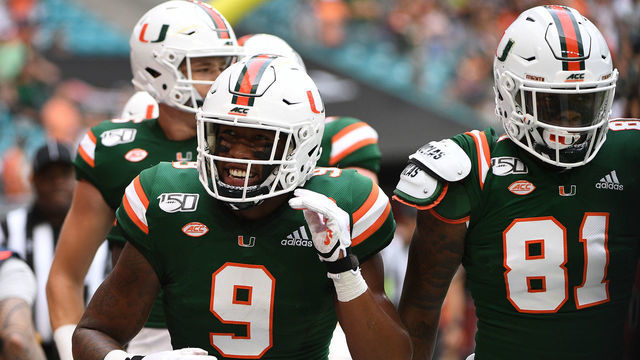 MIAMI, FLORIDA - SEPTEMBER 21: Brevin Jordan #9 of the Miami Hurricanes celebrates in the first half against the Central Michigan Chippewas at Hard Rock Stadium on September 21, 2019 in Miami, Florida.