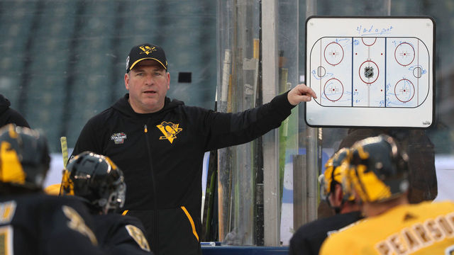 PHILADELPHIA, PA - FEBRUARY 22: Assistant coach Mark Recchi of the Pittsburgh Penguins goes over a play with the players during a team practice session at Lincoln Financial Field on February 22, 2019 in Philadelphia, Pennsylvania.