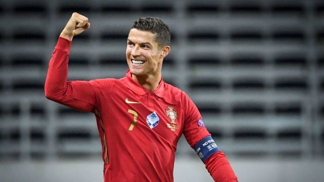 Portugal's forward Cristiano Ronaldo celebrates scoring the opening goal, his 100th goal for Portugal, during the UEFA Nations League football match between Sweden and Portugal on September 8, 2020 in Solna, Sweden.