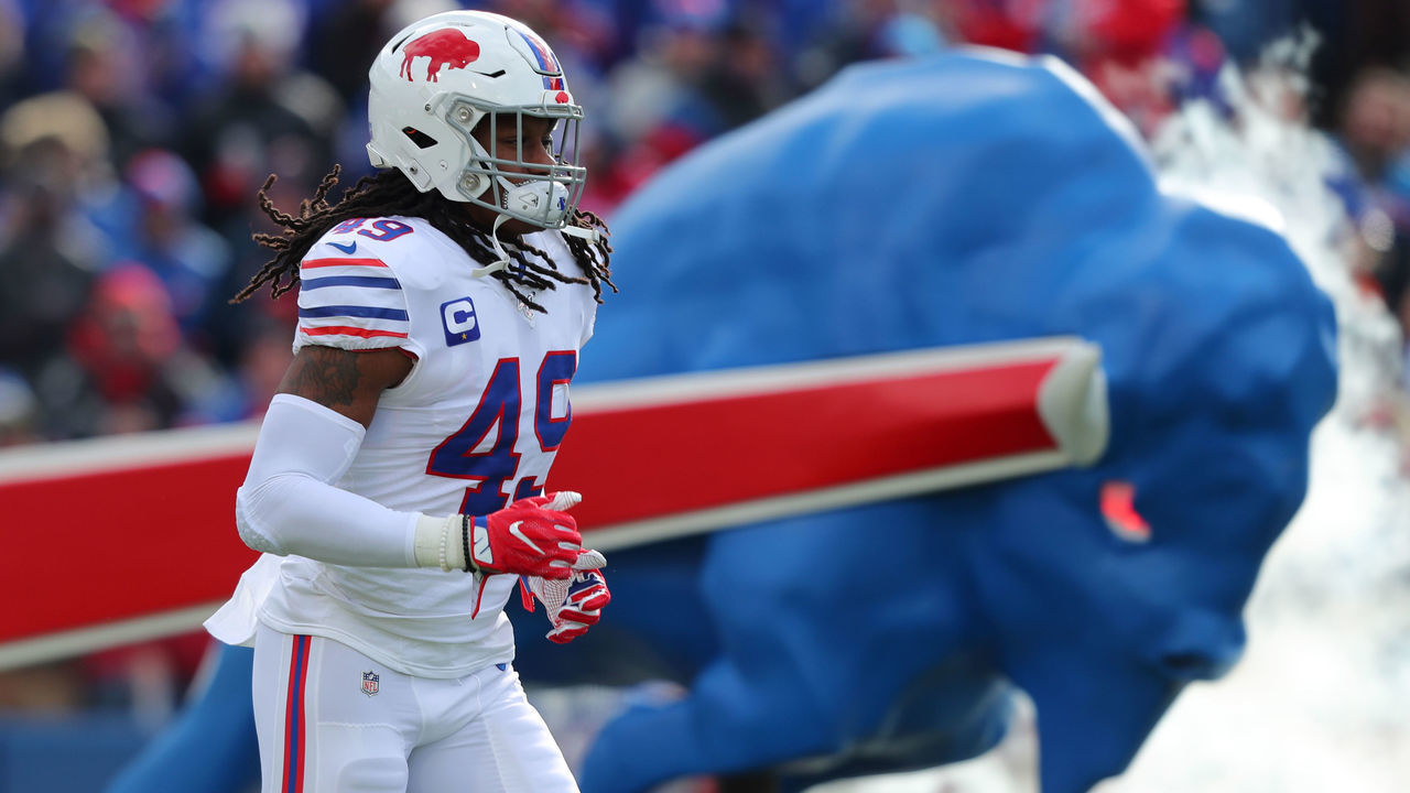 ORCHARD PARK, NY - NOVEMBER 03: Tremaine Edmunds #49 of the Buffalo Bills runs on the field before a game against the Washington Redskins at New Era Field on November 3, 2019 in Orchard Park, New York. Buffalo beats Washington 24 to 9.