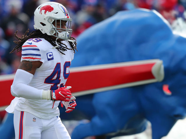 ORCHARD PARK, NY - NOVEMBER 03: Tremaine Edmunds #49 of the Buffalo Bills runs on the field before a game against the Washington Redskins at New Era Field on November 3, 2019 in Orchard Park, New York. Buffalo beats Washington 24 to 9.