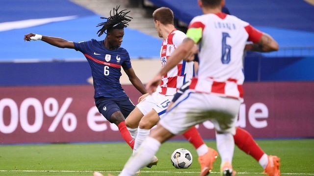 France's midfielder Eduardo Camavinga passes the ball during the UEFA Nations League Group C football match between France and Croatia on September 8, 2020 at the Stade de France in Saint-Denis, near Paris.