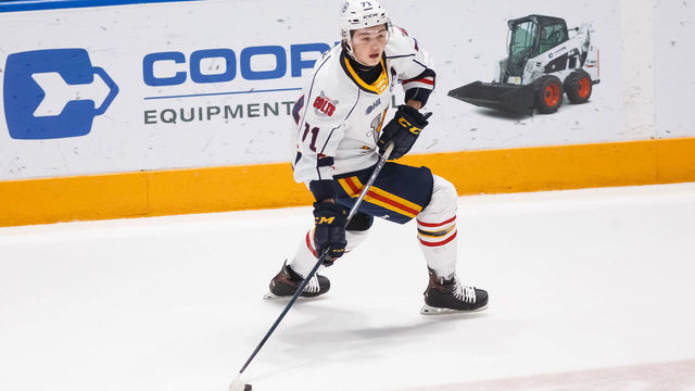 OSHAWA, ON - JANUARY 26: Tyson Foerster #71 of the Barrie Colts skates with the puck during an OHL game against the Oshawa Generals at the Tribute Communities Centre on January 26, 2020 in Oshawa, Ontario, Canada.