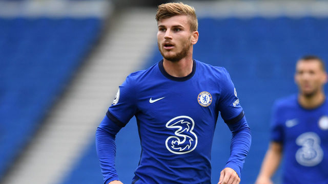 Chelsea's German striker Timo Werner is pictured during the pre-season friendly football match between Brighton and Hove Albion and Chelsea at the American Express Community Stadium in Brighton, southern England on August 29, 2020. - The game is a 'pilot' event where a small number of fans will be present on a socially-distanced basis. The aim is to get fans back into stadiums in the Premier League by October.