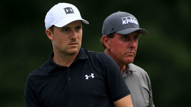 DUBLIN, OHIO - JULY 09: Jordan Spieth of the United States and Phil Mickelson of the United States look on from the 18th tee during the first round of the Workday Charity Open on July 09, 2020 at Muirfield Village Golf Club in Dublin, Ohio.
