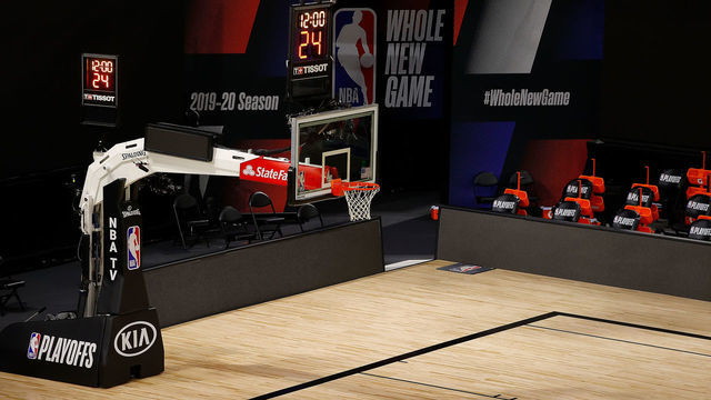LAKE BUENA VISTA, FLORIDA - AUGUST 27: An empty court and bench is seen as all NBA playoff games were postponed today during the 2020 NBA Playoffs at AdventHealth Arena at ESPN Wide World Of Sports Complex on August 27, 2020 in Lake Buena Vista, Florida. NBA players have reportedly decided to resume the season after their walkout of playoff games on Wednesday to protest the shooting of Jacob Blake in Kenosha, Wisconsin.