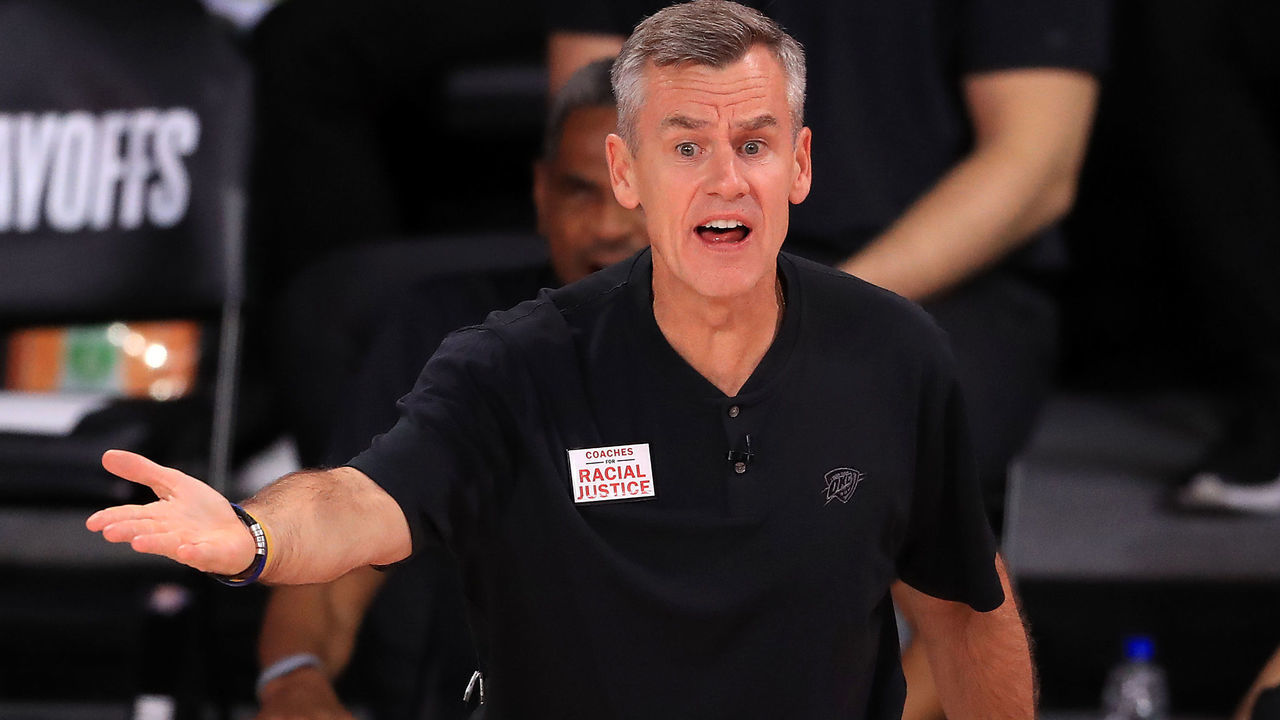 LAKE BUENA VISTA, FLORIDA - SEPTEMBER 02: Billy Donovan of the Oklahoma City Thunder during the second quarter against the Houston Rockets in Game Seven of the Western Conference First Round during the 2020 NBA Playoffs at AdventHealth Arena at ESPN Wide World Of Sports Complex on September 02, 2020 in Lake Buena Vista, Florida.