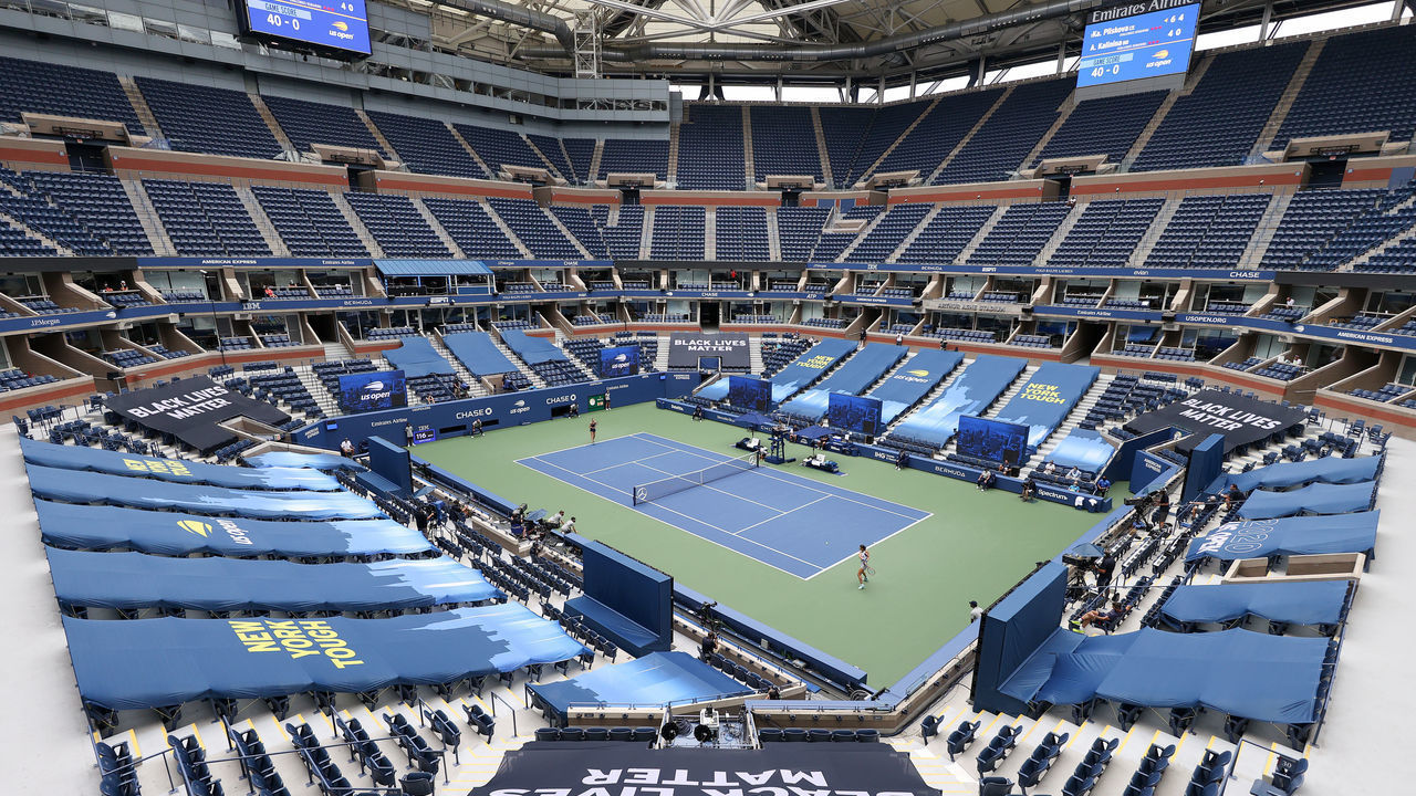 NEW YORK, NEW YORK - AUGUST 31: A general view of Arthur Ashe Stadium is seen as Karolina Pliskova of the Czech Republic and Anhelina Kalinina of the Ukraine play during their Women's Singles first round match on Day One of the 2020 US Open at the USTA Billie Jean King National Tennis Center on August 31, 2020 in the Queens borough of New York City.