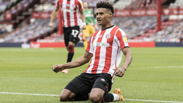 BRENTFORD, ENGLAND - JULY 15: Brentford's Ollie Watkins celebrates scoring his side's first goal during the Sky Bet Championship match between Brentford and Preston North End at Griffin Park on July 15, 2020 in Brentford, England.
