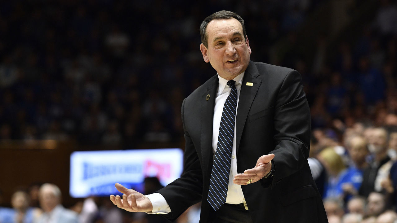 DURHAM, NORTH CAROLINA - MARCH 07: Head coach Mike Krzyzewski of the Duke Blue Devils reacts during the second half of their game against the North Carolina Tar Heels at Cameron Indoor Stadium on March 07, 2020 in Durham, North Carolina. Duke won 89-76.