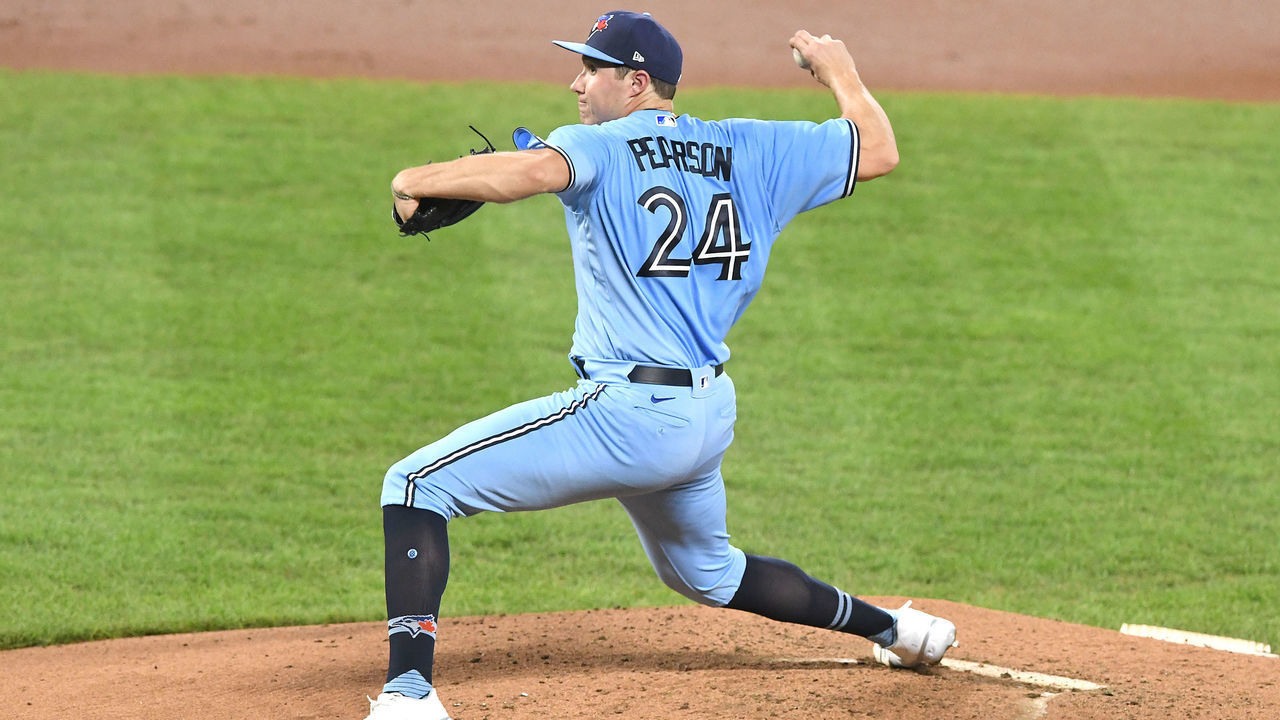 BALTIMORE, MD - AUGUST 18: Nate Pearson #24 of the Toronto Blue Jays pitches during a baseball game against the Baltimore Orioles on August 18, 2020 at Oriole Park at Camden Yards in Baltimore, Maryland.