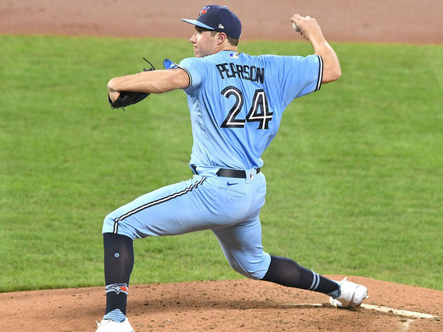 BALTIMORE, MD - AUGUST 18: Nate Pearson #24 of the Toronto Blue Jays pitches during a baseball game against the Baltimore Orioles on August 18, 2020 at Oriole Park at Camden Yards in Baltimore, Maryland.