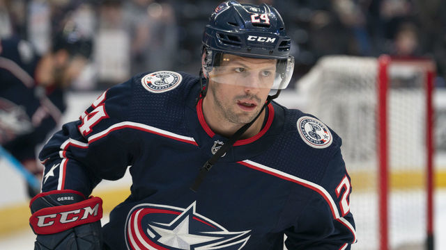 COLUMBUS, OH - FEBRUARY 14: Columbus Blue Jackets center Nathan Gerbe (24) skates in warm-ups prior to the game between the Columbus Blue Jackets and the New York Rangers at Nationwide Arena in Columbus, Ohio on February 14, 2020.