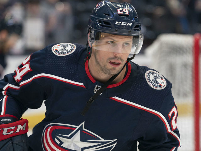 COLUMBUS, OH - FEBRUARY 14: Columbus Blue Jackets center Nathan Gerbe (24) skates in warm-ups prior to the game between the Columbus Blue Jackets and the New York Rangers at Nationwide Arena in Columbus, Ohio on February 14, 2020.