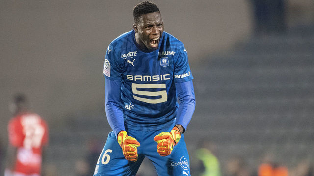 NIMES, FRANCE - January 15: Goalkeeper Edouard Mendy #16 of Rennes celebrates at the final whistle after his sides 1-0 victory during the Nimes Olympique V Stade Rennes, French Ligue 1, regular season match at Stade des Costieres on January 15th 2020, Nimes, France